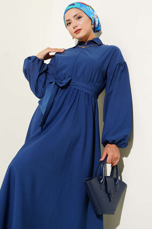 Half Zippered Balloon Sleeve Terikoton Dress Navy Blue