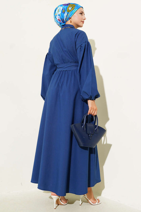 Half Zippered Balloon Sleeve Terikoton Dress Navy Blue