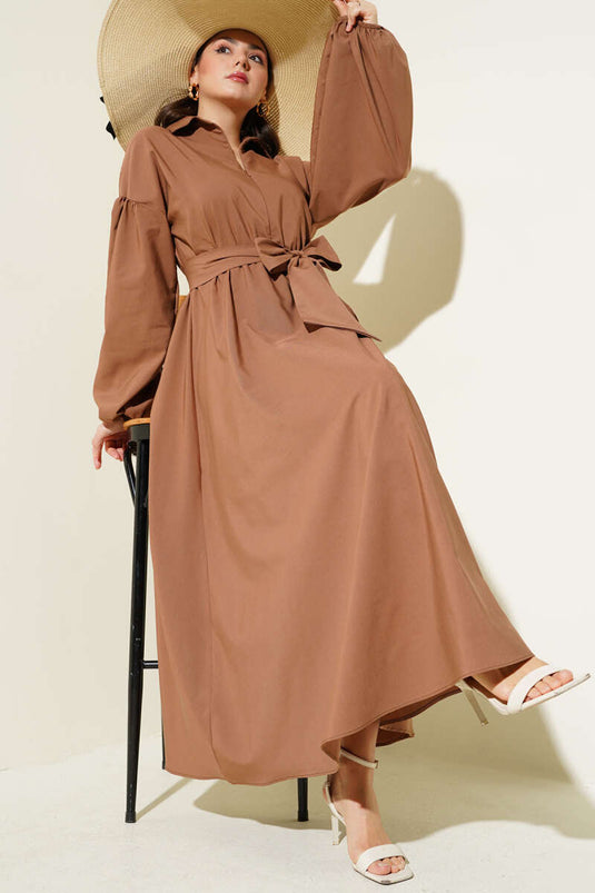 Abito Terikoton con maniche a palloncino e mezza cerniera color latte