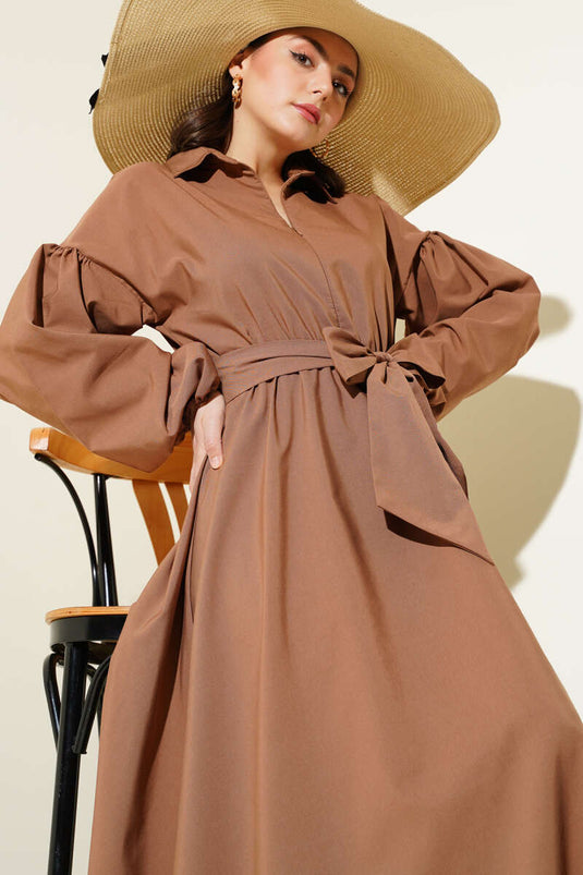 Abito Terikoton con maniche a palloncino e mezza cerniera color latte