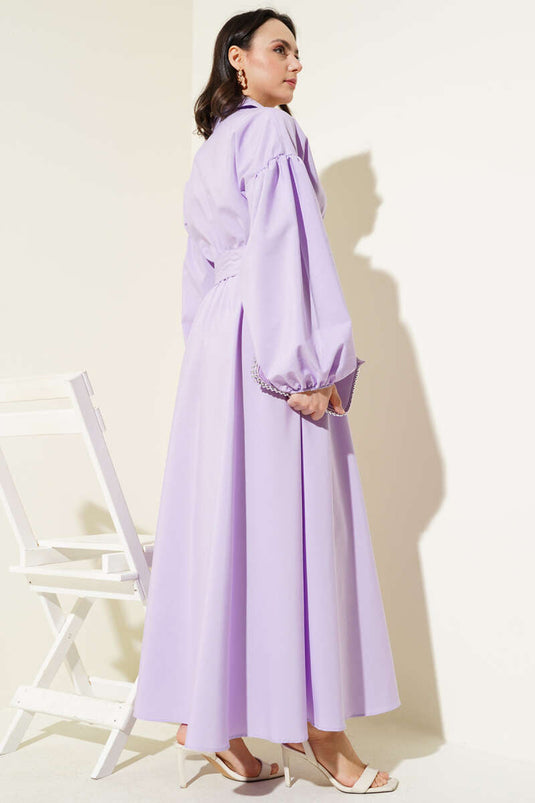 Terikoton-Kleid mit Ballonärmeln und halbem Reißverschluss in Flieder