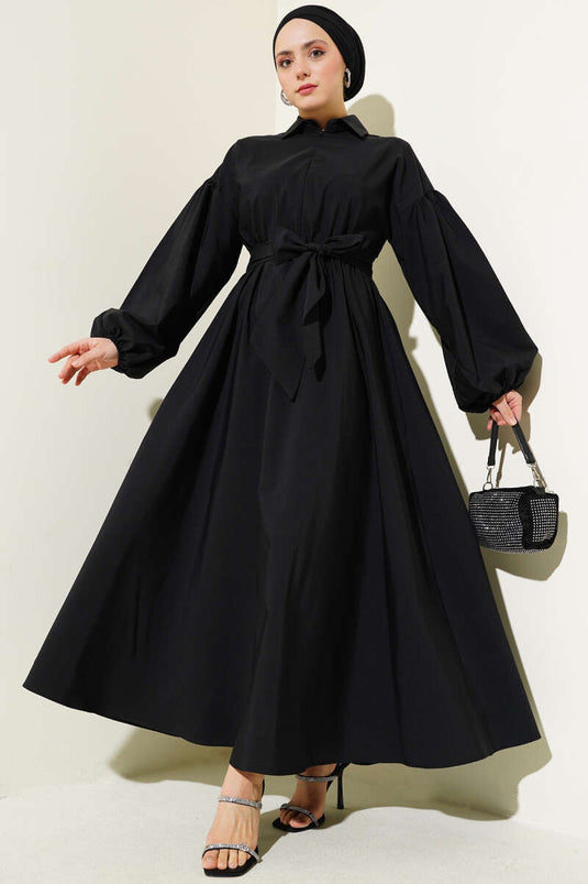 Robe Terikoton noire à manches ballon et demi-fermeture éclair