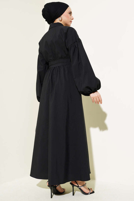 Robe Terikoton noire à manches ballon et demi-fermeture éclair