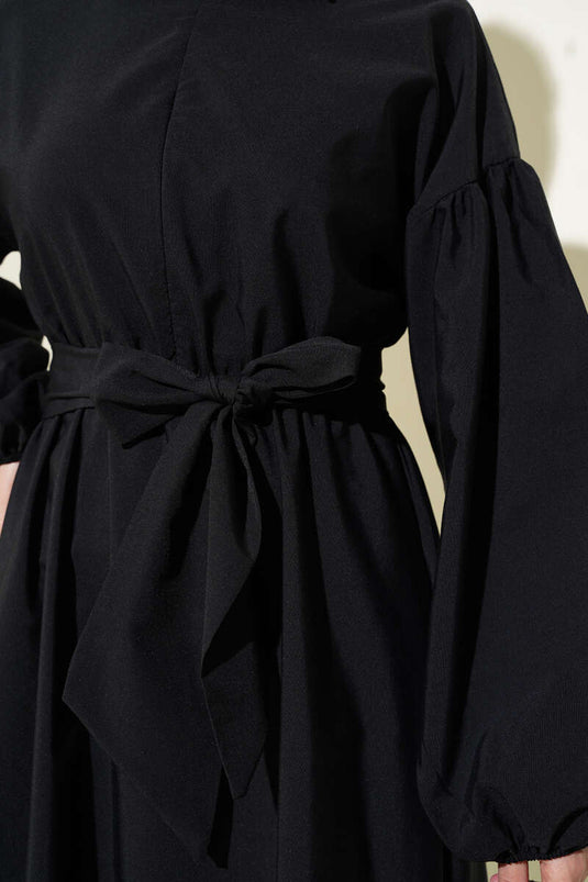 Robe Terikoton noire à manches ballon et demi-fermeture éclair