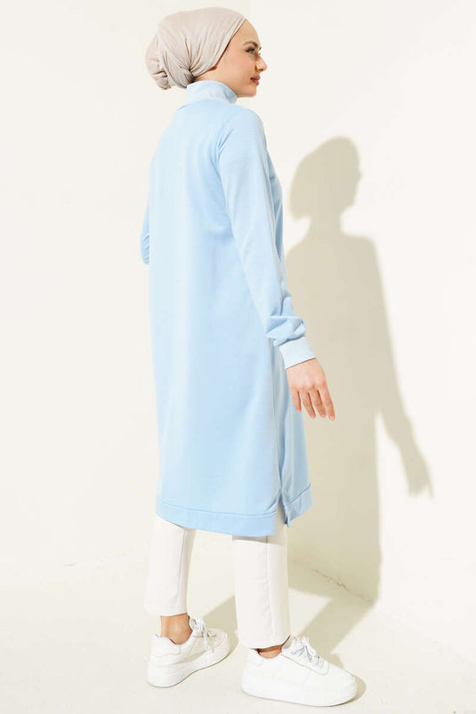 Half Zippered Basic Long Tunic Ice Blue