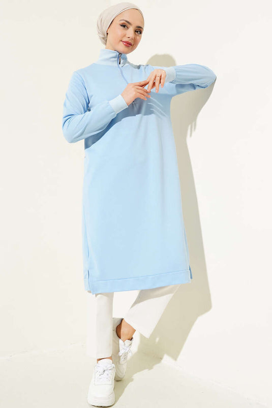 Half Zippered Basic Long Tunic Ice Blue