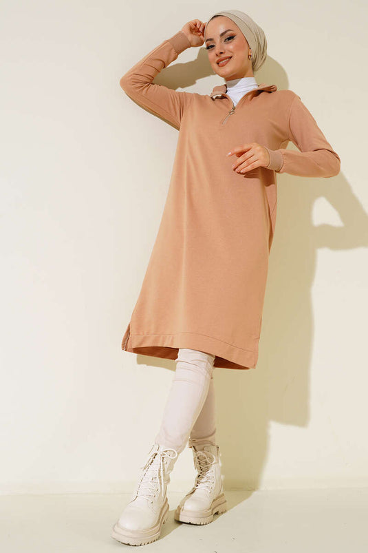 Grundlegende lange Tunika mit halbem Reißverschluss, Kamel