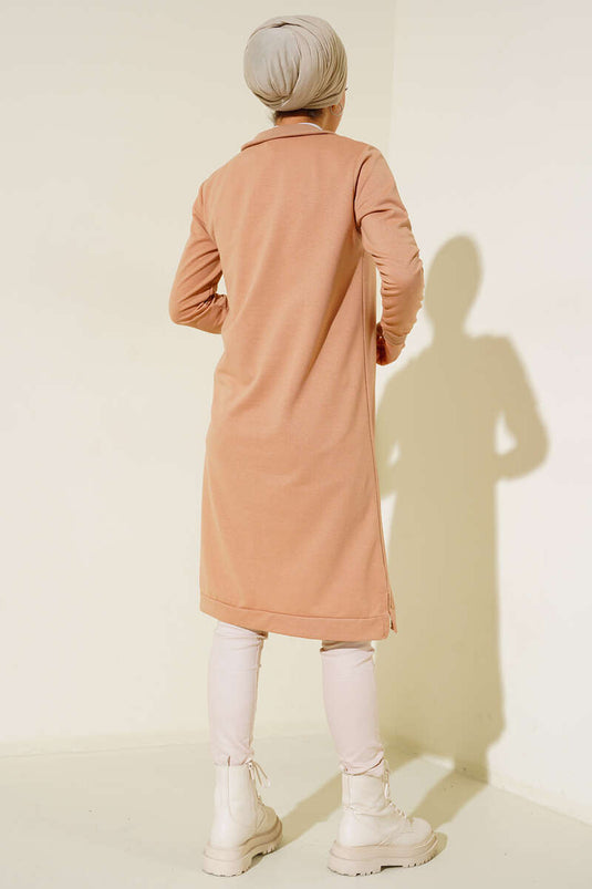 Grundlegende lange Tunika mit halbem Reißverschluss, Kamel