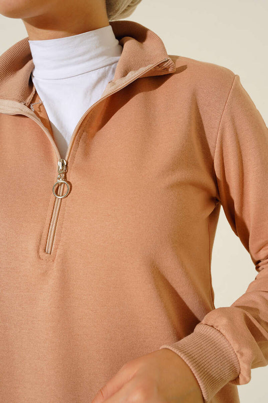 Grundlegende lange Tunika mit halbem Reißverschluss, Kamel