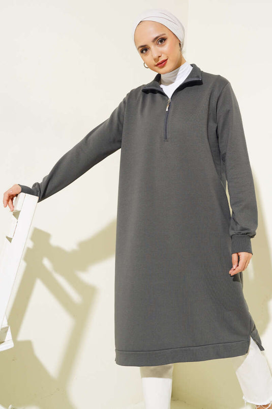 Lange Basic-Tunika mit halbem Reißverschluss, geräuchert