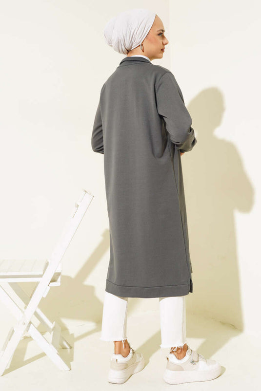 Lange Basic-Tunika mit halbem Reißverschluss, geräuchert