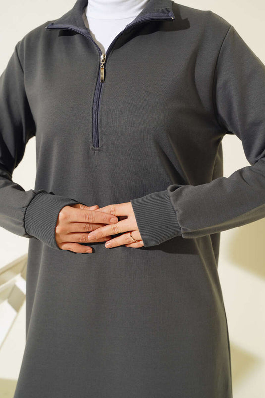 Lange Basic-Tunika mit halbem Reißverschluss, geräuchert