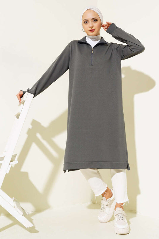 Lange Basic-Tunika mit halbem Reißverschluss, geräuchert