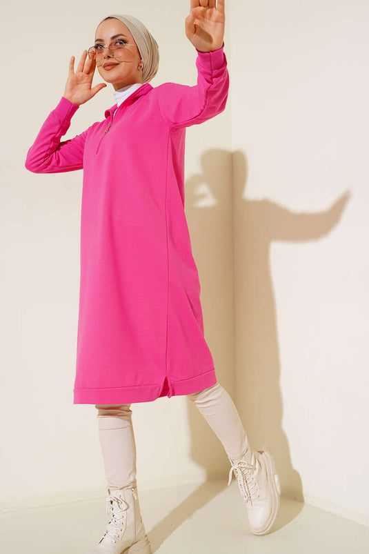 Tunique Longue Basique Demi-Zip Fuchsia