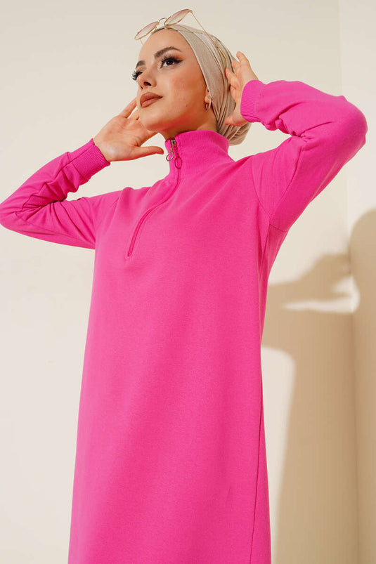 Tunique Longue Basique Demi-Zip Fuchsia