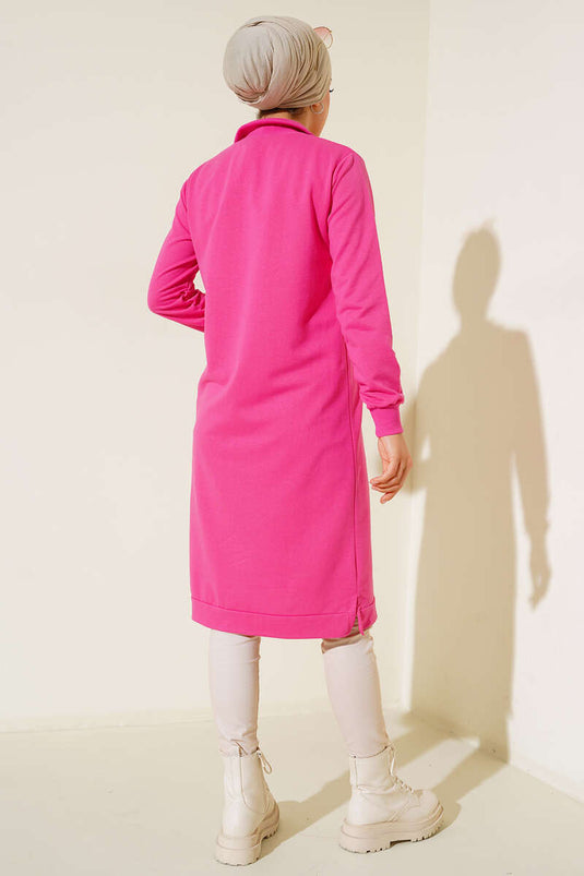 Tunique Longue Basique Demi-Zip Fuchsia