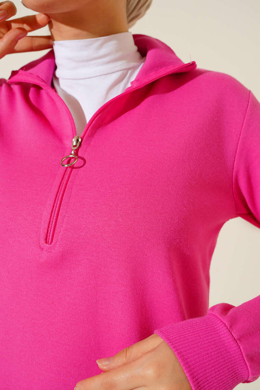 Tunique Longue Basique Demi-Zip Fuchsia