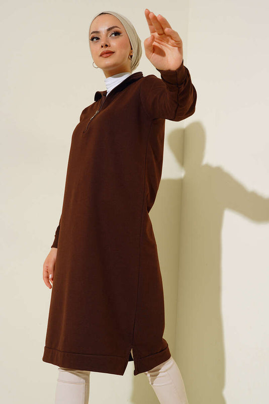 تونيك طويل أساسي بنصف سحاب بني