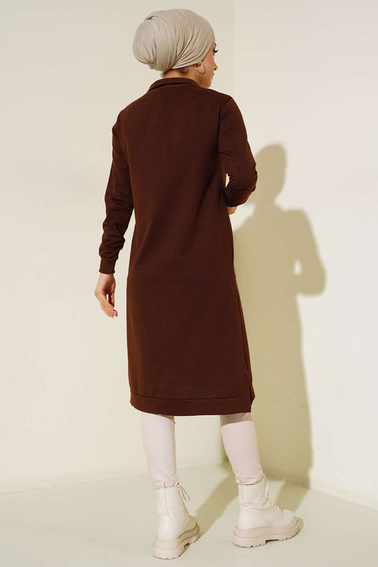 تونيك طويل أساسي بنصف سحاب بني