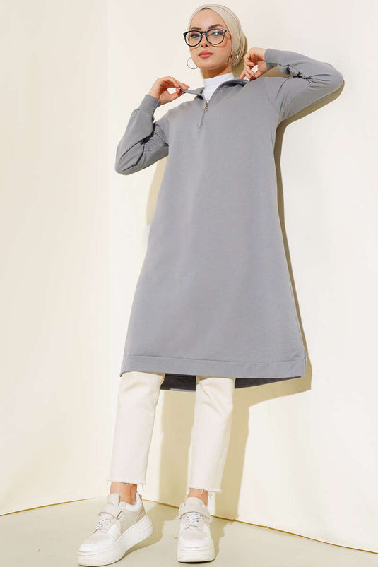 Yarım Fermuarlı Basıc Uzun Tunik Kayrak Grisi