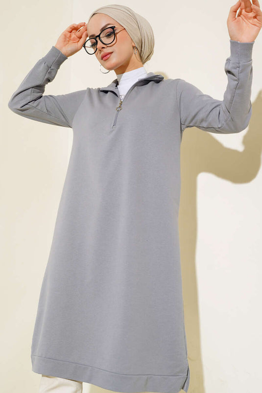Yarım Fermuarlı Basıc Uzun Tunik Kayrak Grisi