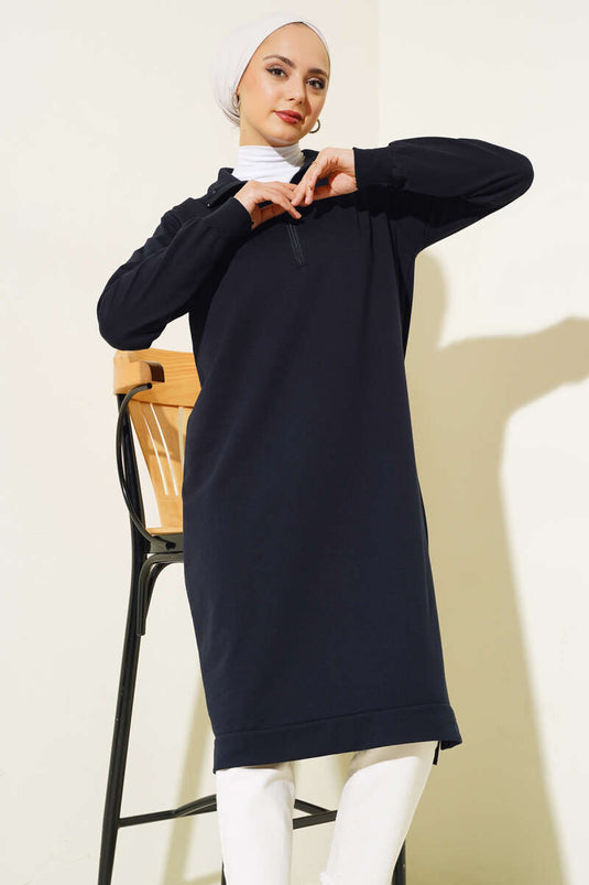 تونيك طويل أساسي بنصف سحاب باللون الأزرق الداكن