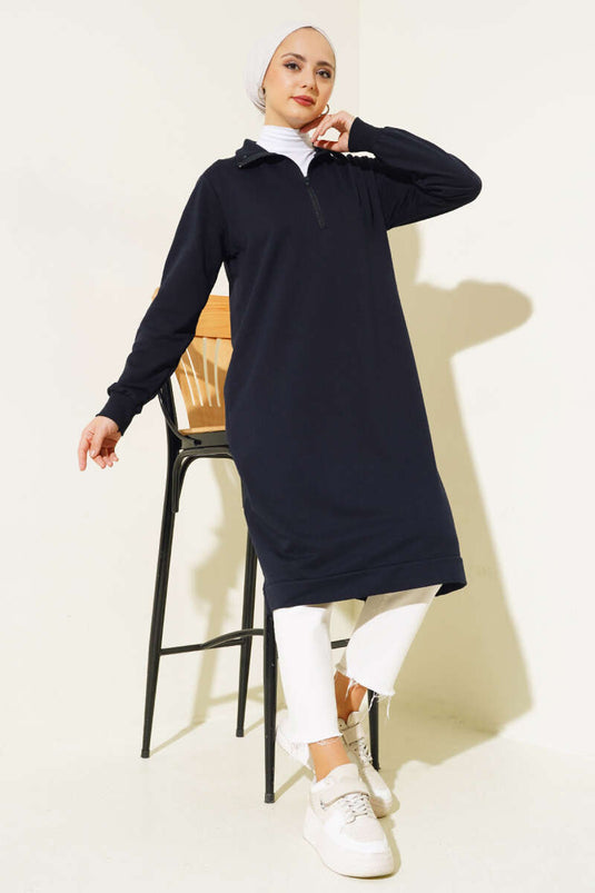 تونيك طويل أساسي بنصف سحاب باللون الأزرق الداكن