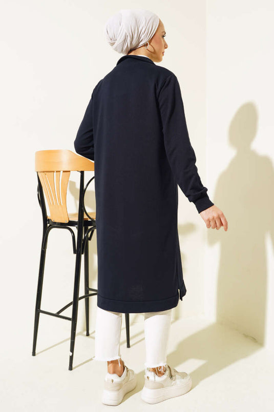 تونيك طويل أساسي بنصف سحاب باللون الأزرق الداكن