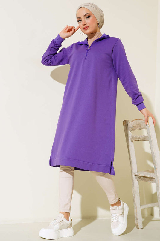 Tunique Longue Basique Demi-Zip Lilas