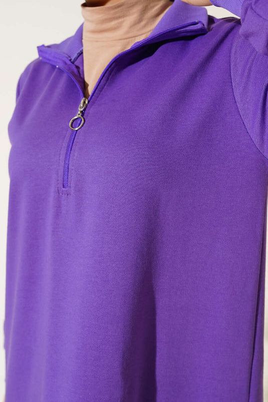 Tunique Longue Basique Demi-Zip Lilas