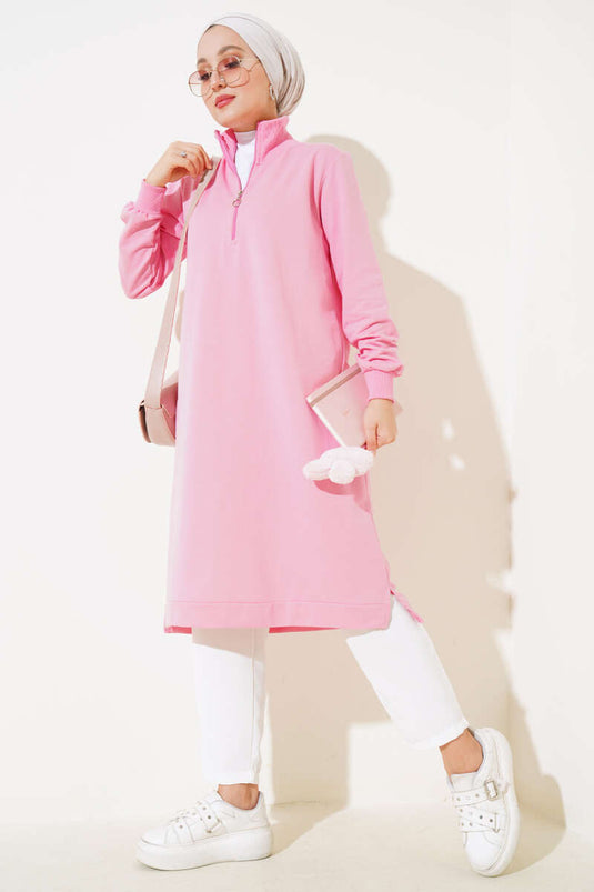 Half Zippered Basic Long Tunic Pink