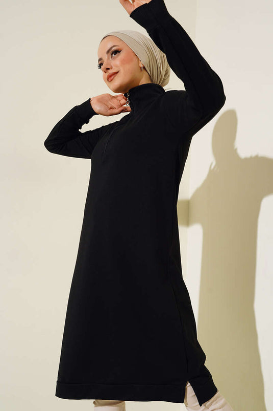 Lange Basic-Tunika mit halbem Reißverschluss in Schwarz