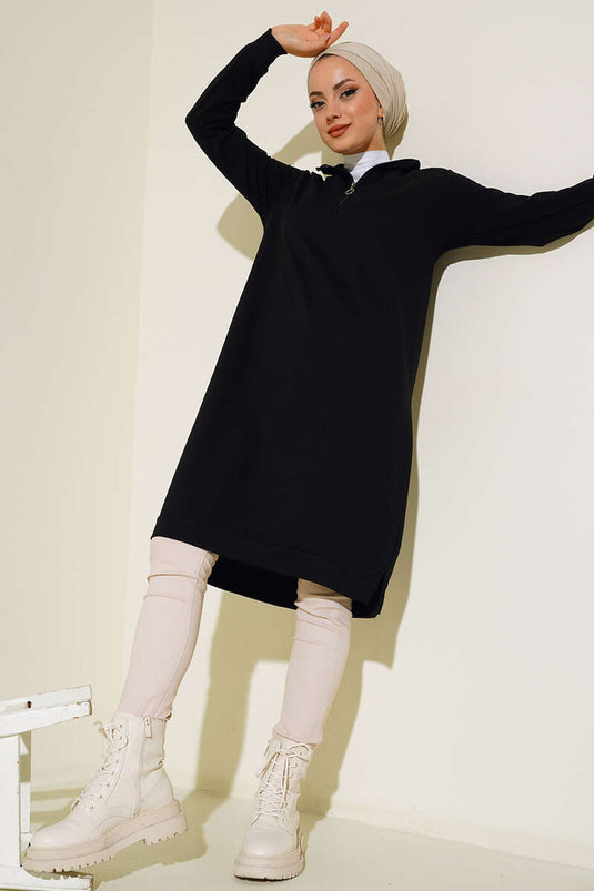 Lange Basic-Tunika mit halbem Reißverschluss in Schwarz