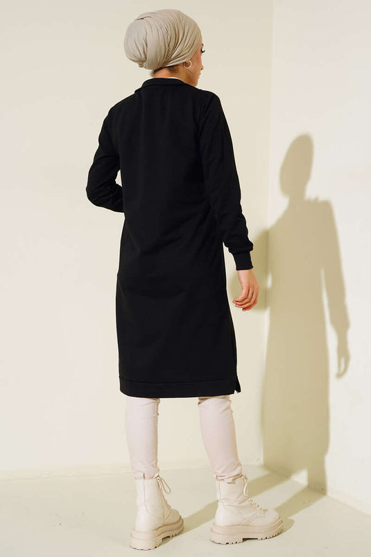 Lange Basic-Tunika mit halbem Reißverschluss in Schwarz