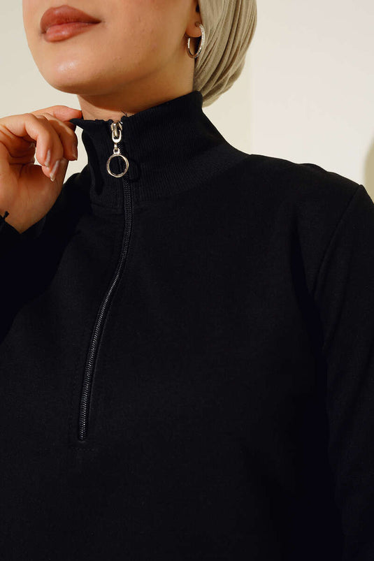 Lange Basic-Tunika mit halbem Reißverschluss in Schwarz