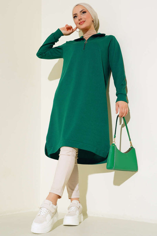 Tunique longue basique à demi-fermeture éclair vert émeraude