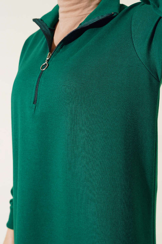 Tunique longue basique à demi-fermeture éclair vert émeraude