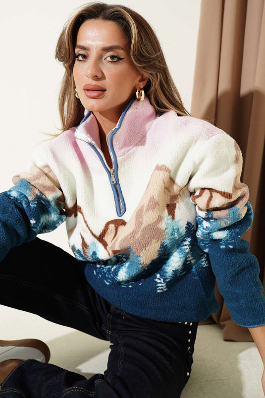 Felpa Con Mezza Zip E Stampa Blu