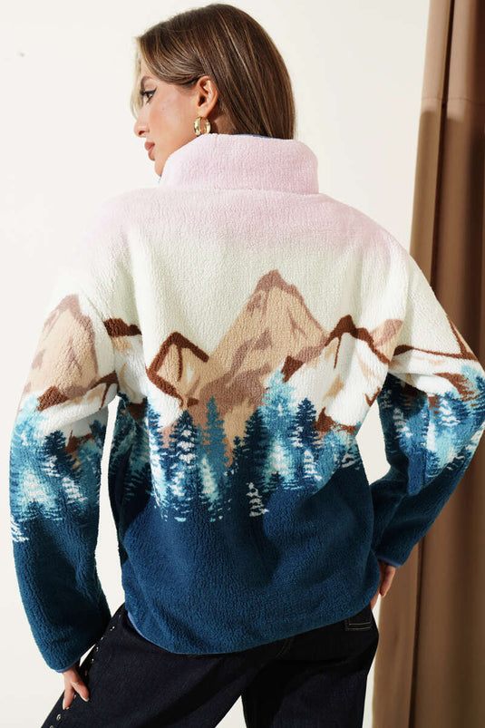 Felpa Con Mezza Zip E Stampa Blu
