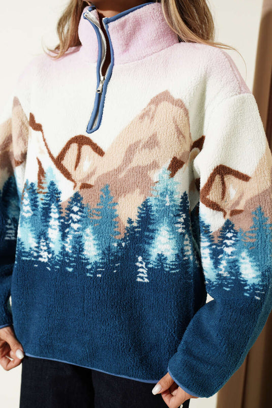 Felpa Con Mezza Zip E Stampa Blu