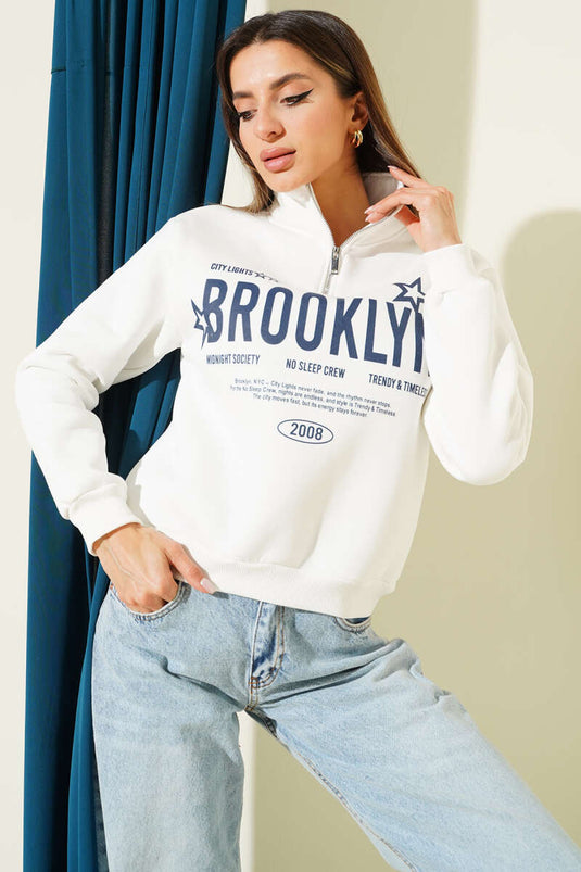 Yarım Fermuarlı Baskılı Üç İplik Sweat Ekru