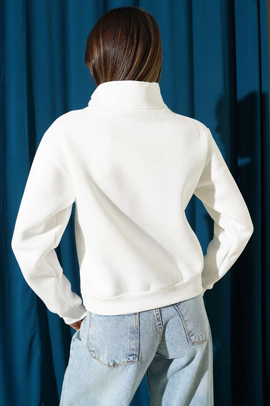 Yarım Fermuarlı Baskılı Üç İplik Sweat Ekru