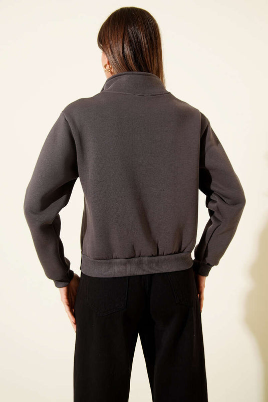 Sweat à trois fils imprimé avec demi-fermeture éclair, couleur fumée