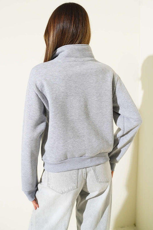 Yarım Fermuarlı Baskılı Üç İplik Sweat Gri