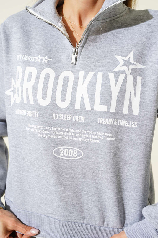 سويت شيرت رمادي مطبوع بثلاثة خيوط بنصف سحاب