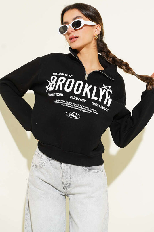 Felpa con stampa a tre fili e mezza zip, nera