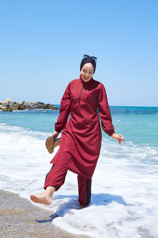 Half Zipper Waist Adjustable Modest Swimsuit Claret Red