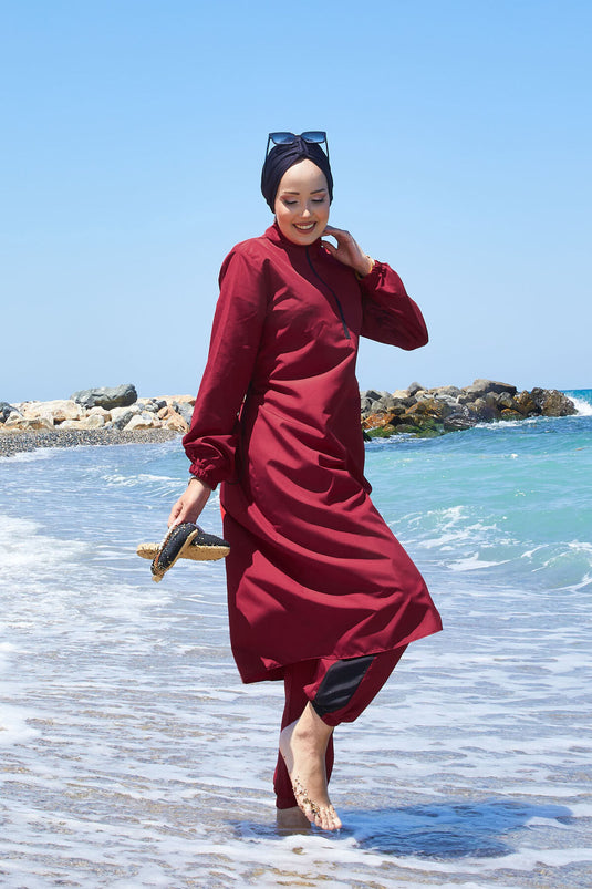 Half Zipper Waist Adjustable Modest Swimsuit Claret Red