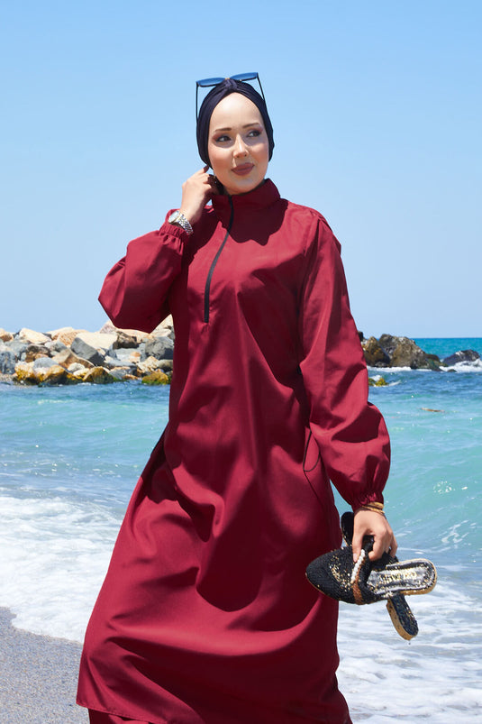 Half Zipper Waist Adjustable Modest Swimsuit Claret Red