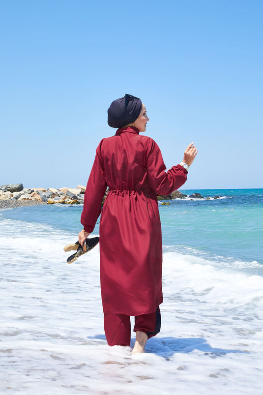Half Zipper Waist Adjustable Modest Swimsuit Claret Red